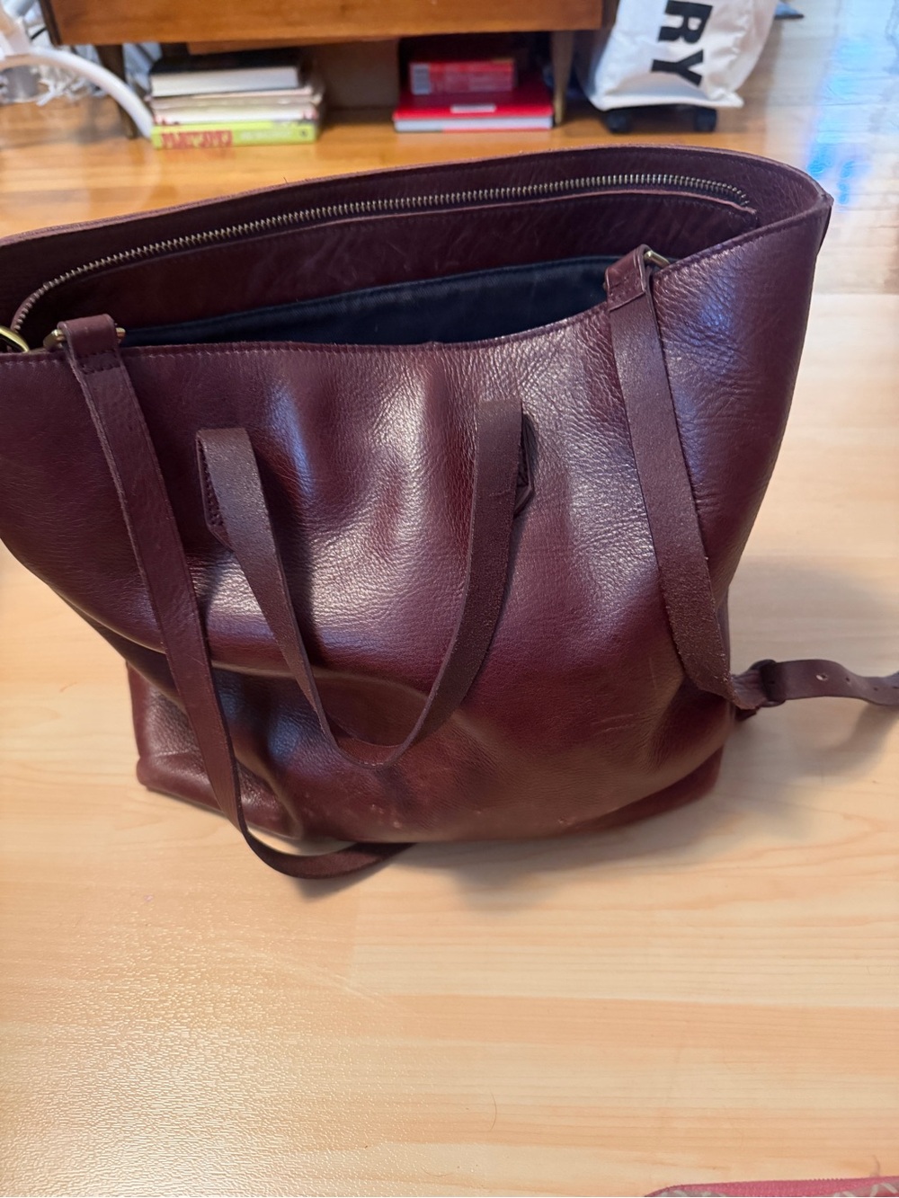 Madewell Burgundy Leather Tote with Top Zipper